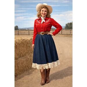 Vintage Western Dark Jean Midi Skirt Fringe Cowgirl Rockabilly M/L 1950's Pin-up